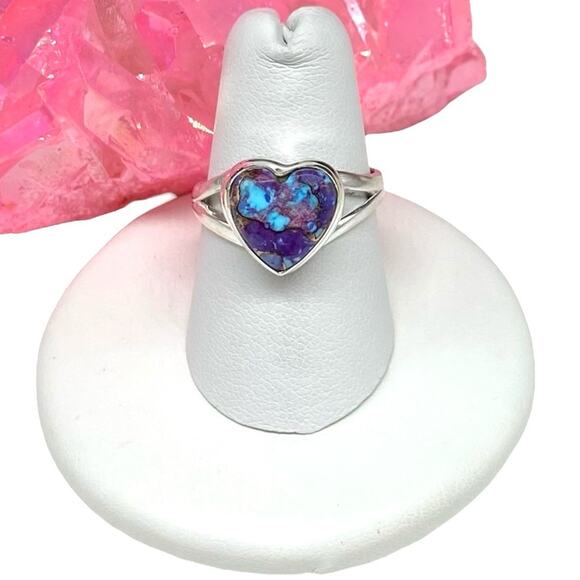 Handmade Jewelry - Kingman Turquoise Heart Ring Size 7 Solid 925 Sterling Silver Purple Blue Stone